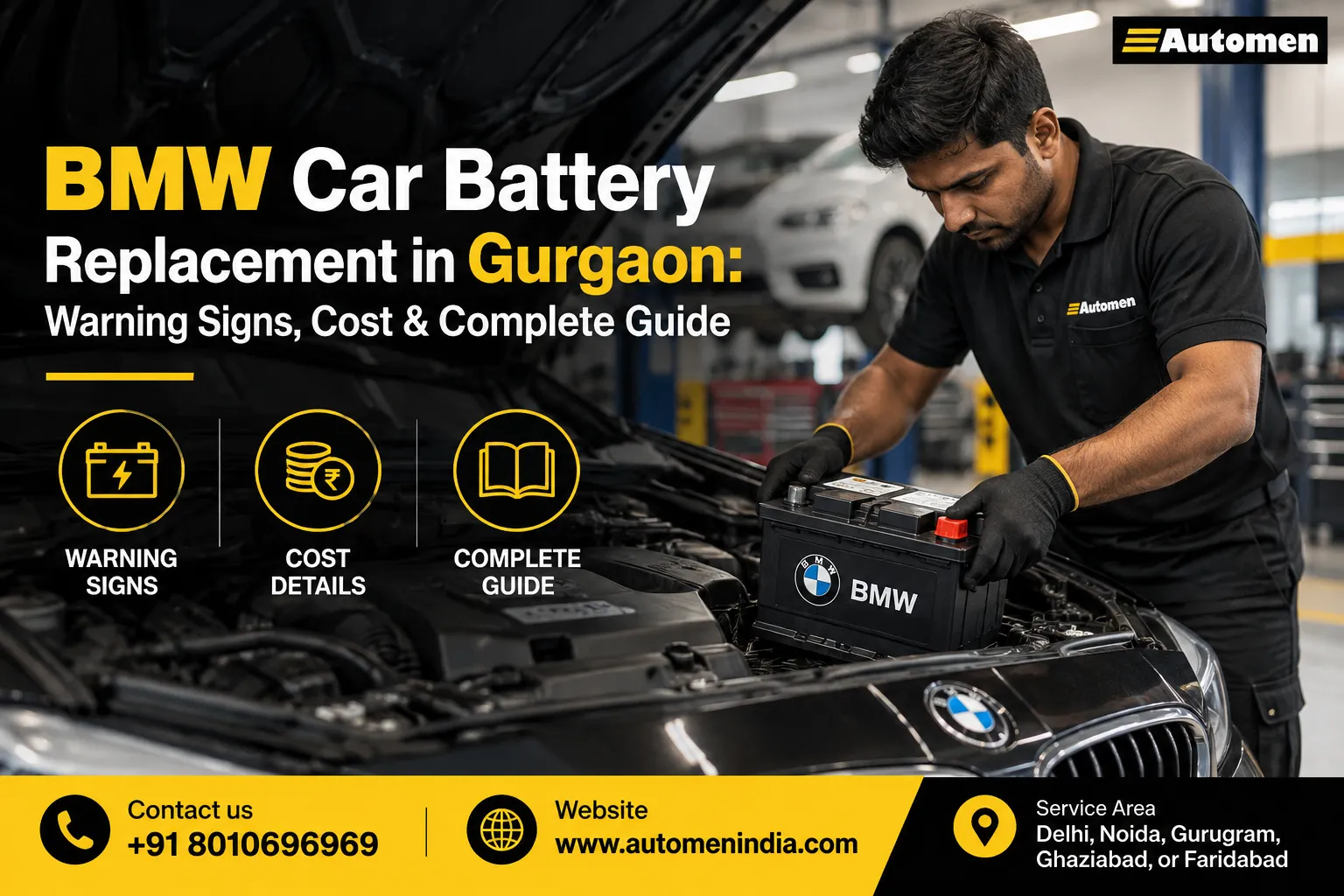 BMW car battery replacement in Gurgaon by Automen technician at a professional BMW service workshop