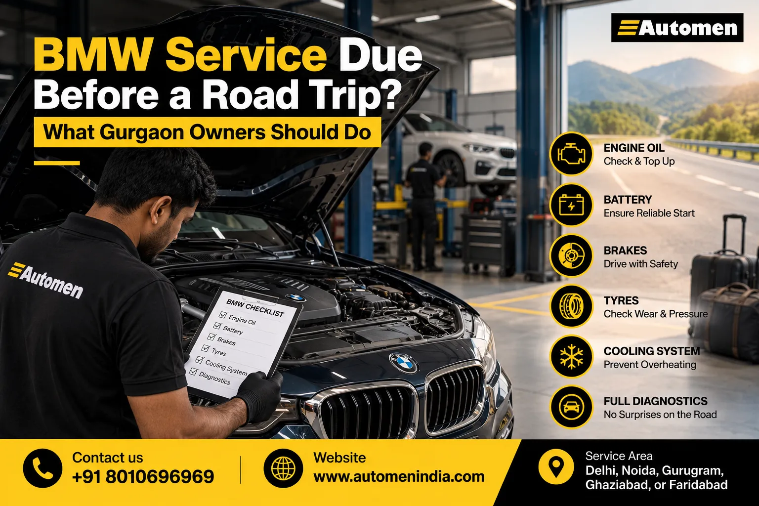 BMW service before a road trip in Gurgaon with a professional mechanic inspecting the vehicle at Automen